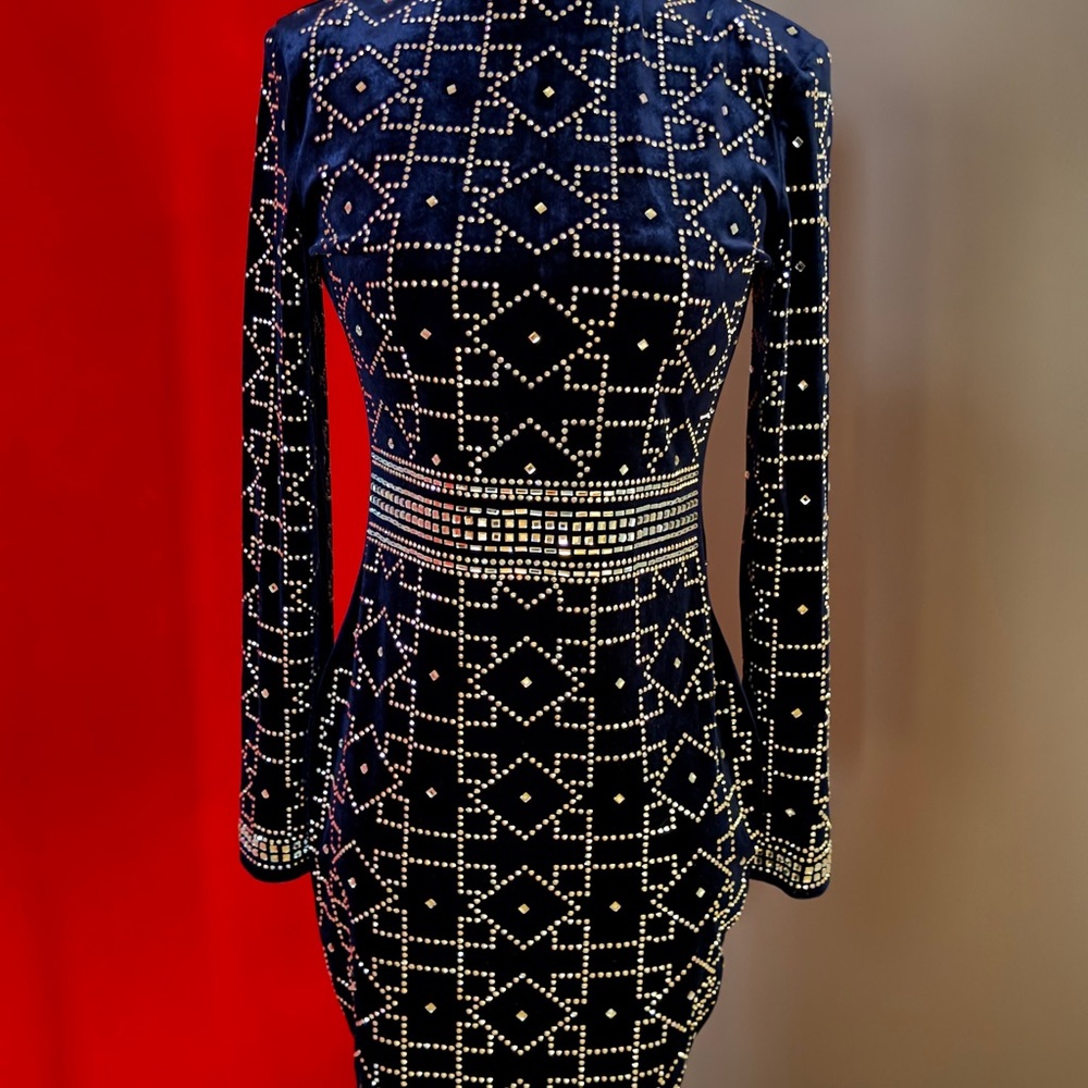 Chic Long Sleeve Navy Dress with Gold Accents